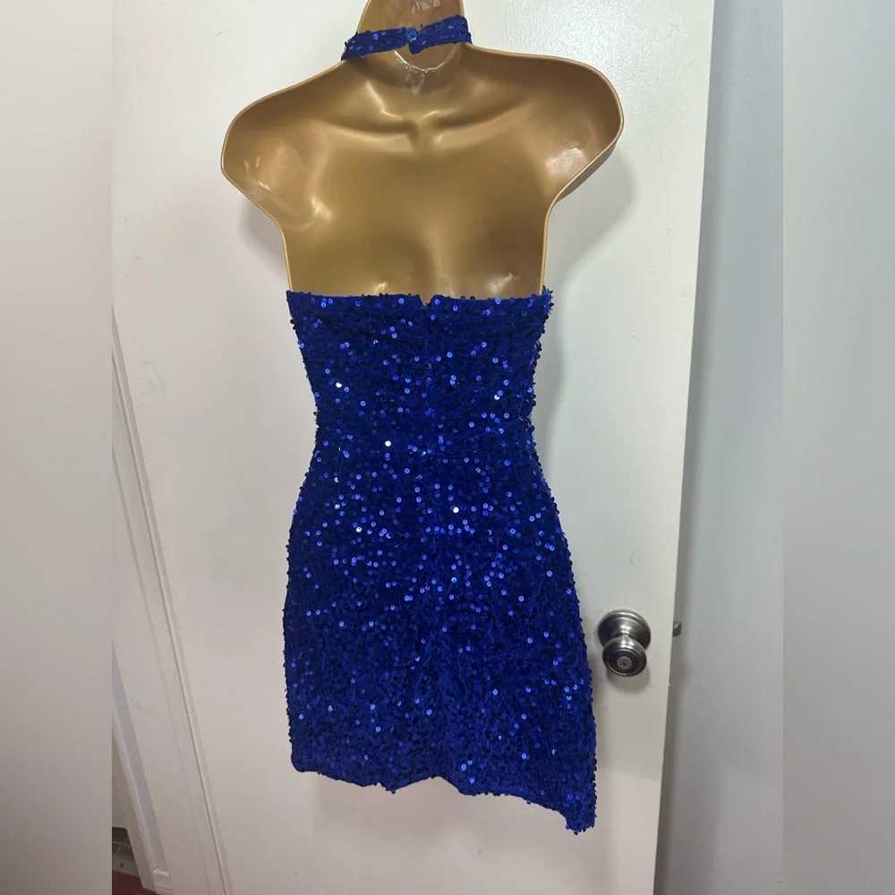 Lulus Royal Blue Elevated Dazzle Velvet Sequin Fringe Halter Mini Dress NWT L - Picture 10 of 16